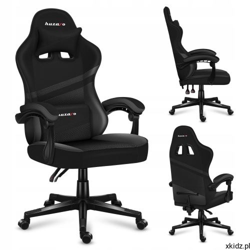 Czarny fotel gamingowy Huzaro Force 4.4 Carbon z tkaniny, widok z przodu, z boku i z tyłu