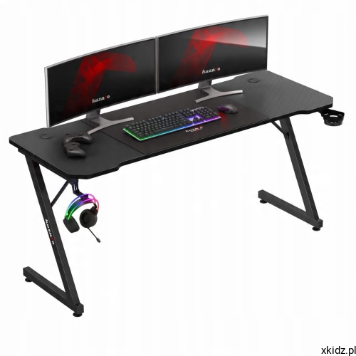 Biurko gamingowe Huzaro HERO 4.0 Black 160 cm z dwoma monitorami, haczykiem na słuchawki i uchwytem na kubek