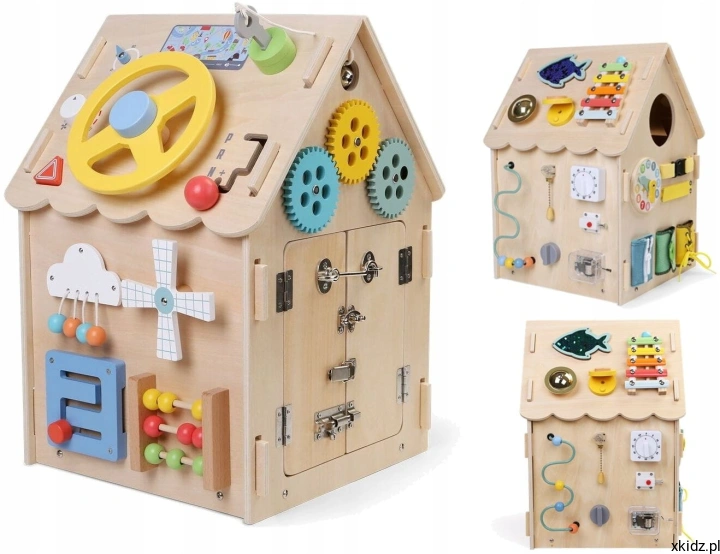 Domek Montessori LED Baby Mix 45 cm natural - drewniana tablica sensoryczna w naturalnym drewnie