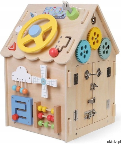 Domek Montessori LED Baby Mix natural - zasuwki, rygle i zamki do ćwiczenia motoryki małej