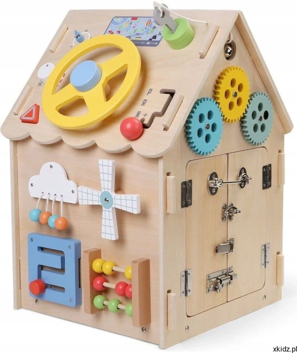 Domek Montessori LED Baby Mix natural - zasuwki, rygle i zamki do ćwiczenia motoryki małej