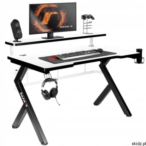 Białe biurko gamingowe Huzaro HERO 5.0 WHITE 120 cm z nadstawką na monitor i słuchawkami na haczyku