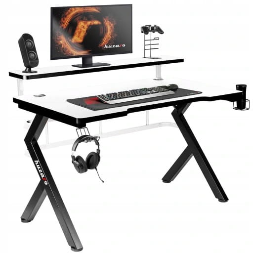 Białe biurko gamingowe Huzaro HERO 5.0 WHITE 120 cm z nadstawką na monitor i słuchawkami na haczyku