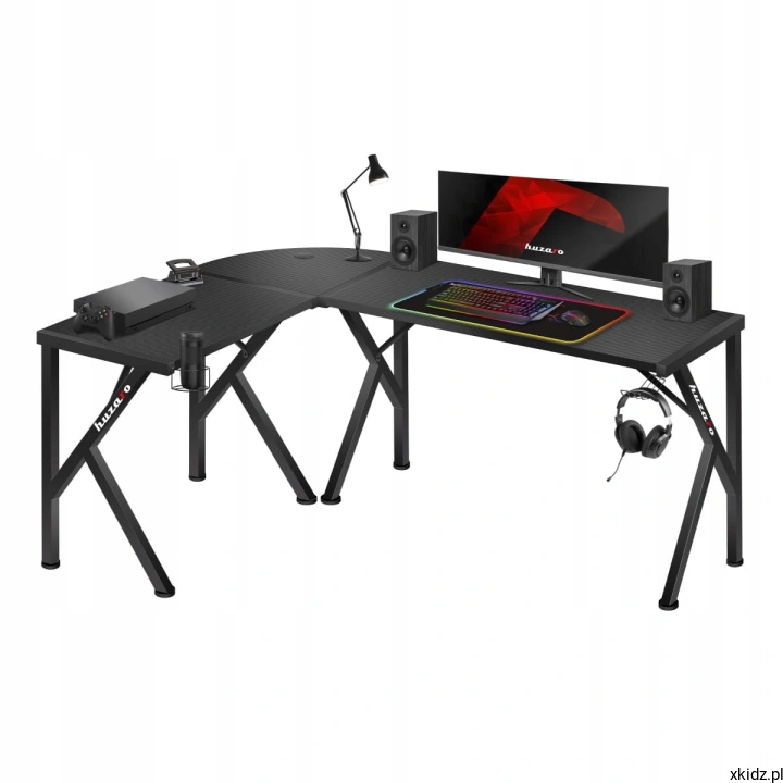 Narożne biurko Huzaro HERO 6.3 BLACK w kształcie litery L z monitorem, lampką i słuchawkami
