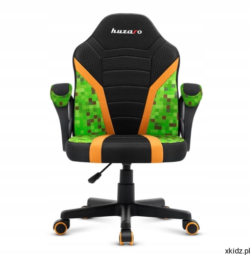Dziecięcy fotel gamingowy Huzaro Ranger Mesh 1.0 PIXEL z zielonym wzorem pikseli i pomarańczowymi pasami