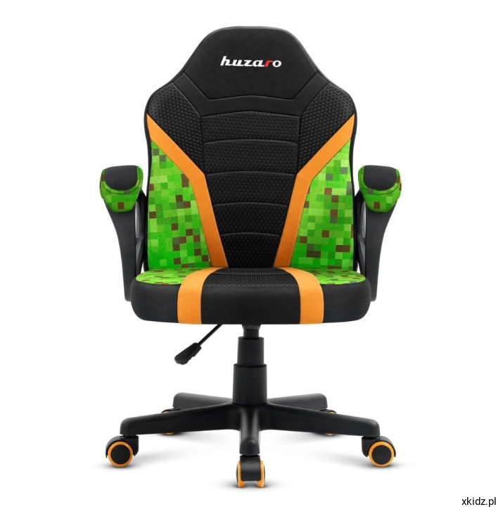 Dziecięcy fotel gamingowy Huzaro Ranger Mesh 1.0 PIXEL z zielonym wzorem pikseli i pomarańczowymi pasami