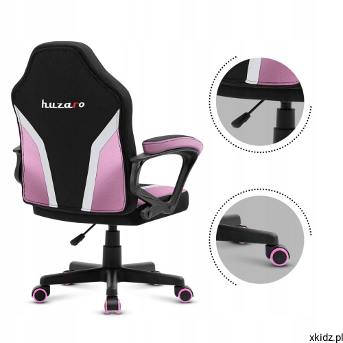 Różowo-czarny fotel gamingowy dla dzieci Huzaro Ranger Mesh 1.0 PINK, widok z przodu i zbliżenia detali