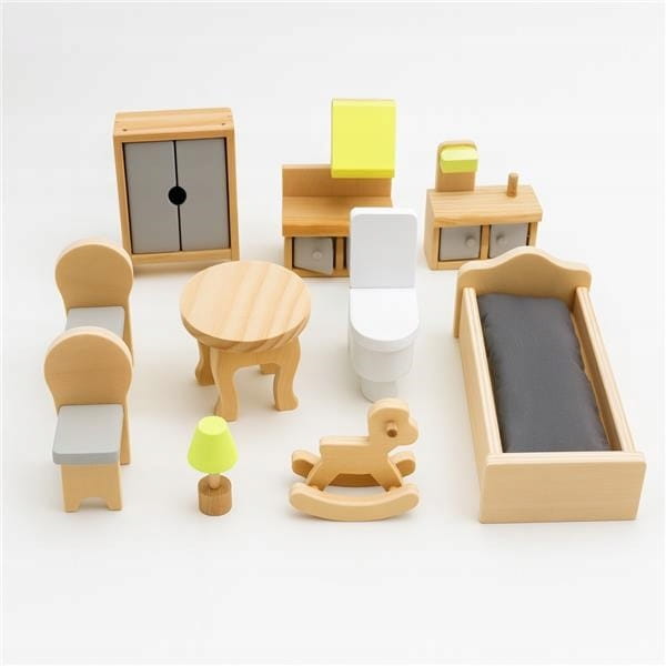 Drewniany domek dla lalek Baby Mix Rose Montessori - 10 elementów wyposażenia