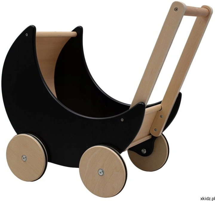 Drewniany wózek dla lalek 2w1 Baby Mix Montessori czarny - widok całego wózka