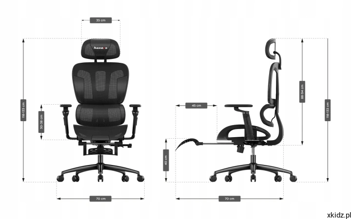 Schemat wymiarów ergonomicznego fotela Huzaro Combat 7.9 Black z widokiem z przodu i z boku