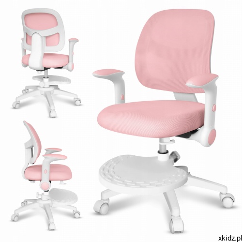 Fotel obrotowy dla dzieci z podnóżkiem Mark Adler Junior 5.0 Pink – widok całego fotela w kolorze różowym