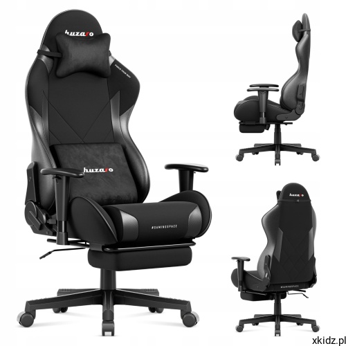 Czarny fotel gamingowy Huzaro Force 5.7 Black z podnóżkiem, widok z przodu, z boku i z tyłu