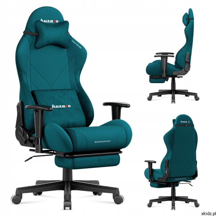 Morski fotel gamingowy Huzaro Force 5.7 Teal z podnóżkiem, widok z przodu, z boku i z tyłu