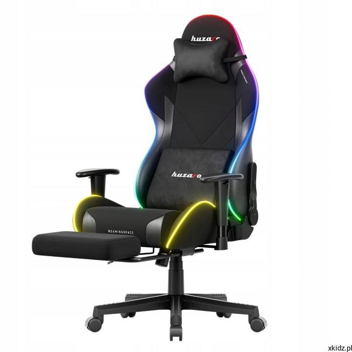 Fotel Force 5.7 RGB z wysuniętym podnóżkiem i świecącym obramowaniem siedziska