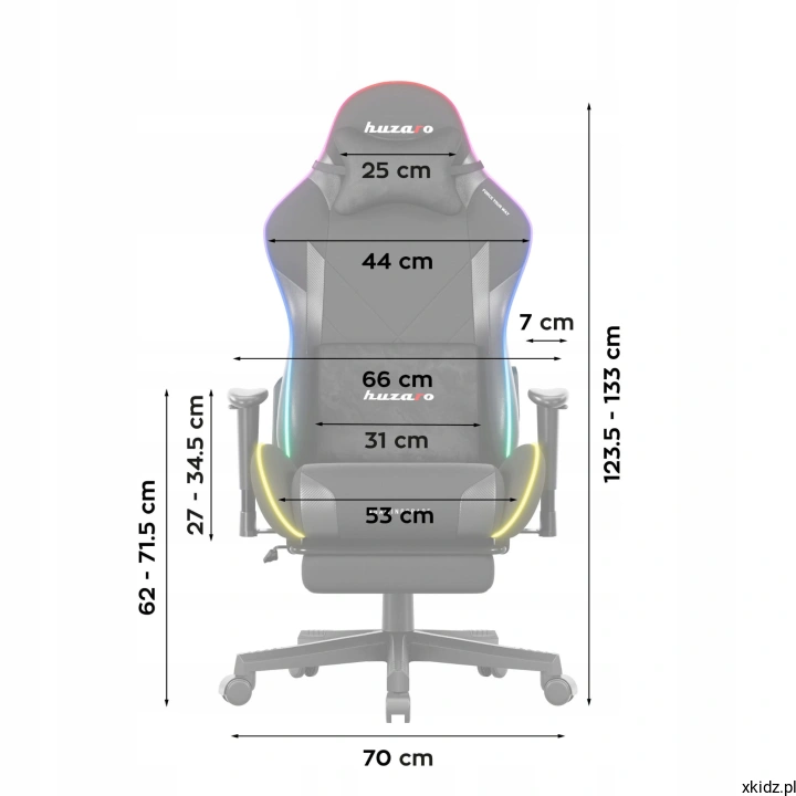 Schemat wymiarów fotela Huzaro Force 5.7 RGB z widokiem z przodu