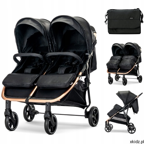 Wózek bliźniaczy Lorelli Duo Black do 2x22 kg - widok całego wózka w kolorze czarnym