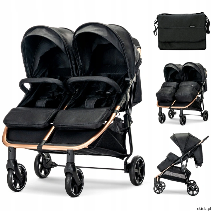 Wózek bliźniaczy Lorelli Duo Black do 2x22 kg - widok całego wózka w kolorze czarnym