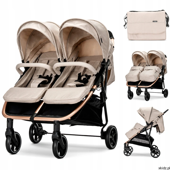 Wózek bliźniaczy Lorelli Duo Beige do 2x22 kg - widok całego wózka w kolorze beżowym