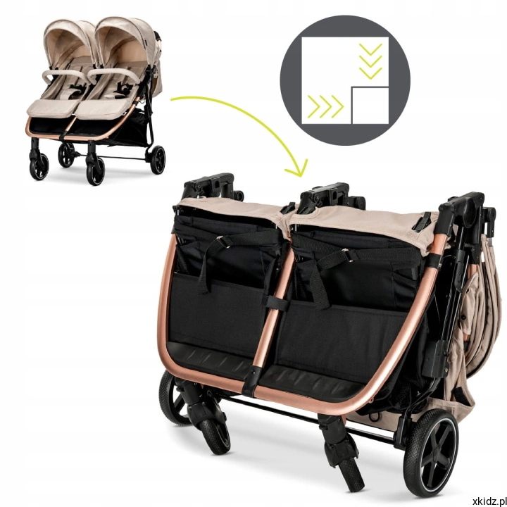 Wózek bliźniaczy Lorelli Duo Beige - składanie na płasko do transportu