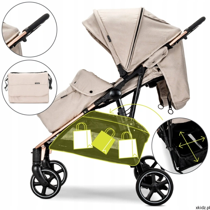 Wózek bliźniaczy Lorelli Duo Beige - akcesoria w zestawie: torba, mata, osłonki na nóżki