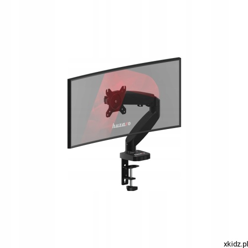 Monitor zamocowany na uchwycie Huzaro Motion 1.2, zaznaczony zakres regulacji ramienia