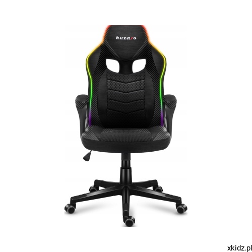 Czarny fotel gamingowy Huzaro Force 2.5 RGB Mesh z podświetleniem LED na oparciu, widok z przodu