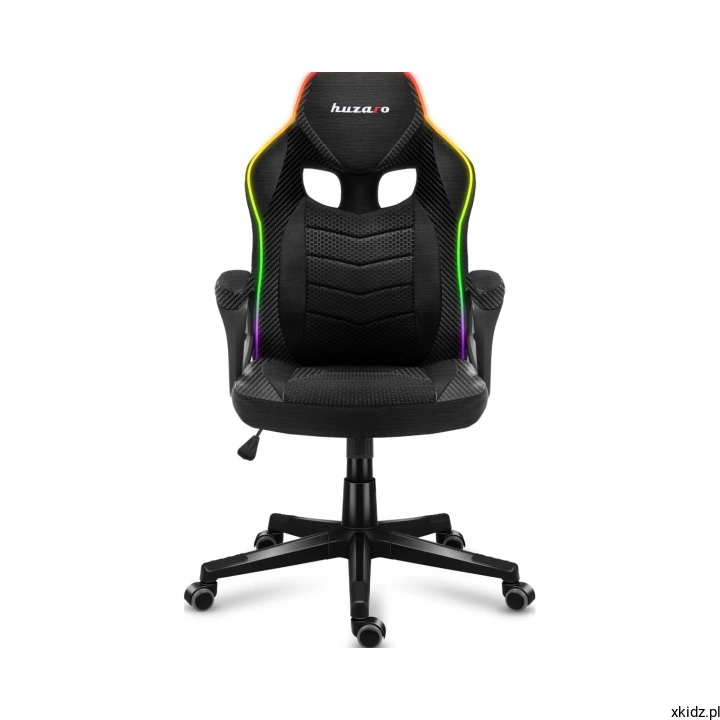 Czarny fotel gamingowy Huzaro Force 2.5 RGB Mesh z podświetleniem LED na oparciu, widok z przodu
