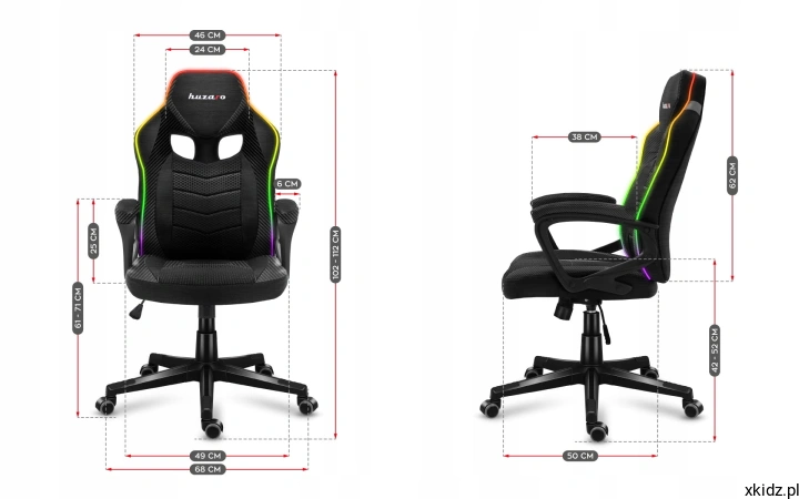 Schemat wymiarów fotela Huzaro Force 2.5 RGB Mesh z widokiem z przodu i z boku