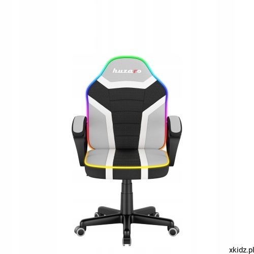 Czarno-biały fotel dla dzieci Huzaro Ranger Mesh 1.0 RGB z podświetleniem LED na oparciu, widok z przodu