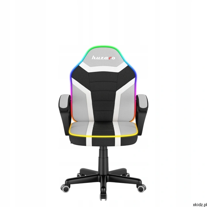 Czarno-biały fotel dla dzieci Huzaro Ranger Mesh 1.0 RGB z podświetleniem LED na oparciu, widok z przodu