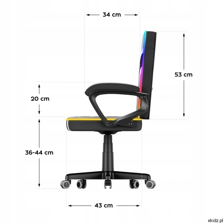 Fotel dla dziecka Ranger Mesh 1.0 RGB z boku, wymiary siedziska i oparcia na schemacie