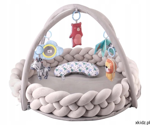 Mata sensoryczna TinyMini Warkocz - widok całej rozłożonej maty z pałąkami i zabawkami