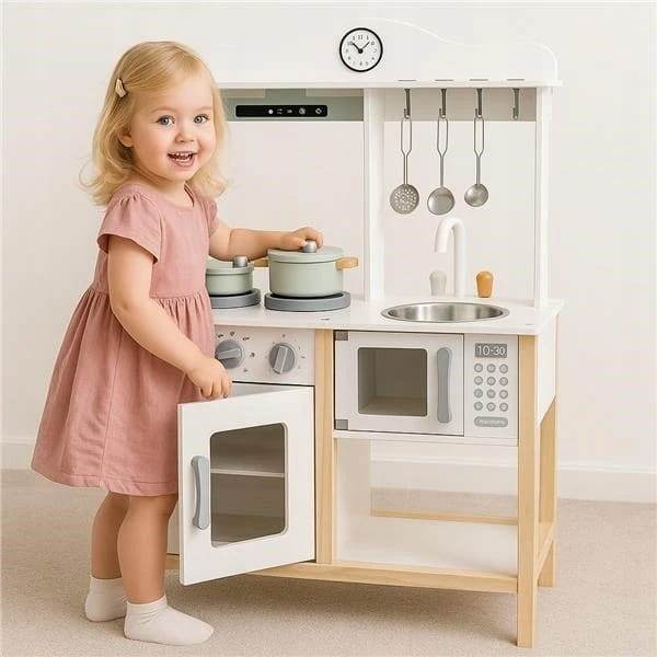 Drewniana kuchnia Baby Mix Montessori - piekarnik z otwieranymi drzwiczkami i pokrętła